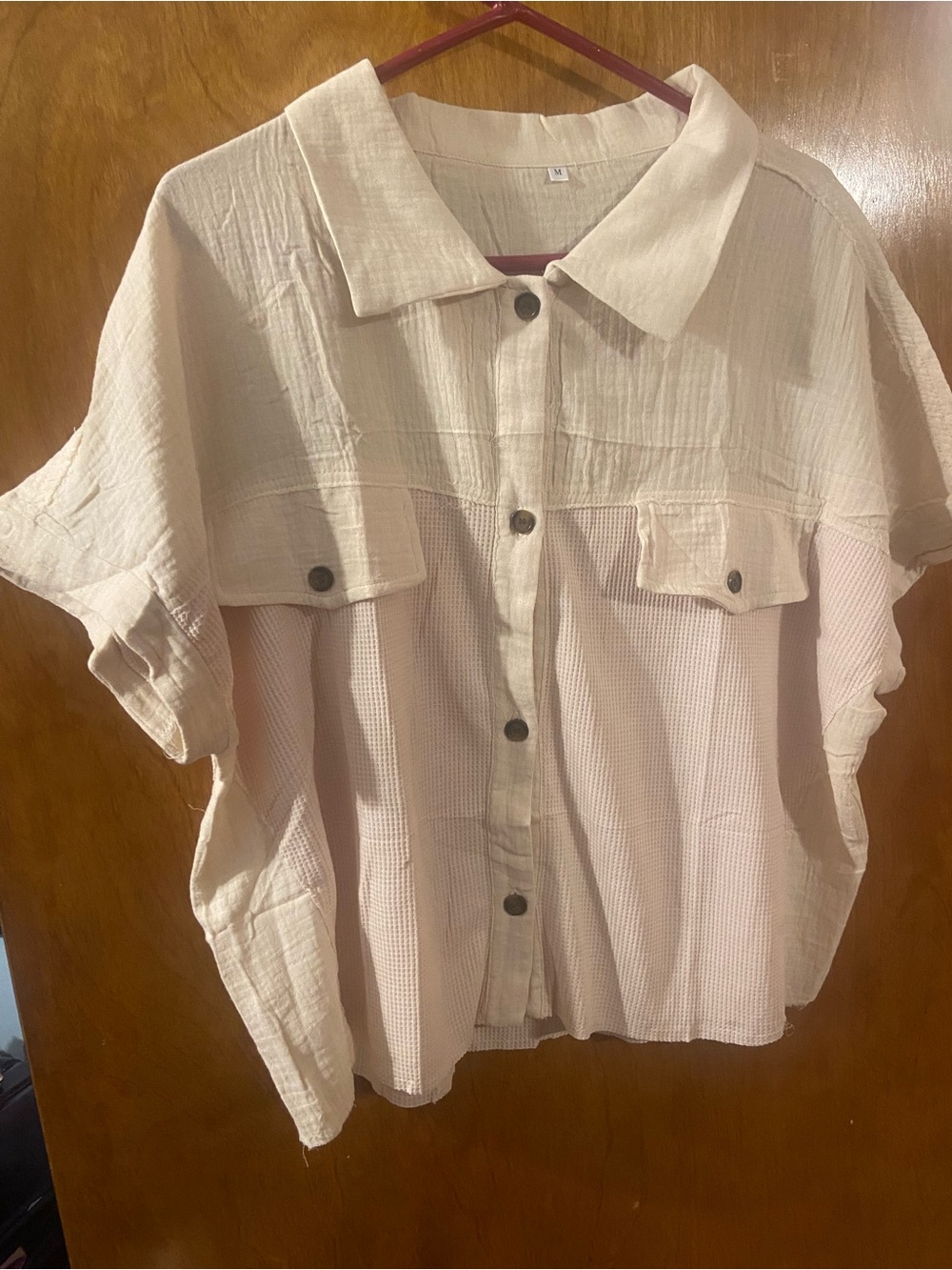 Button-Front Oversized Short Sleeve Boxy Top in Cream Size Medium